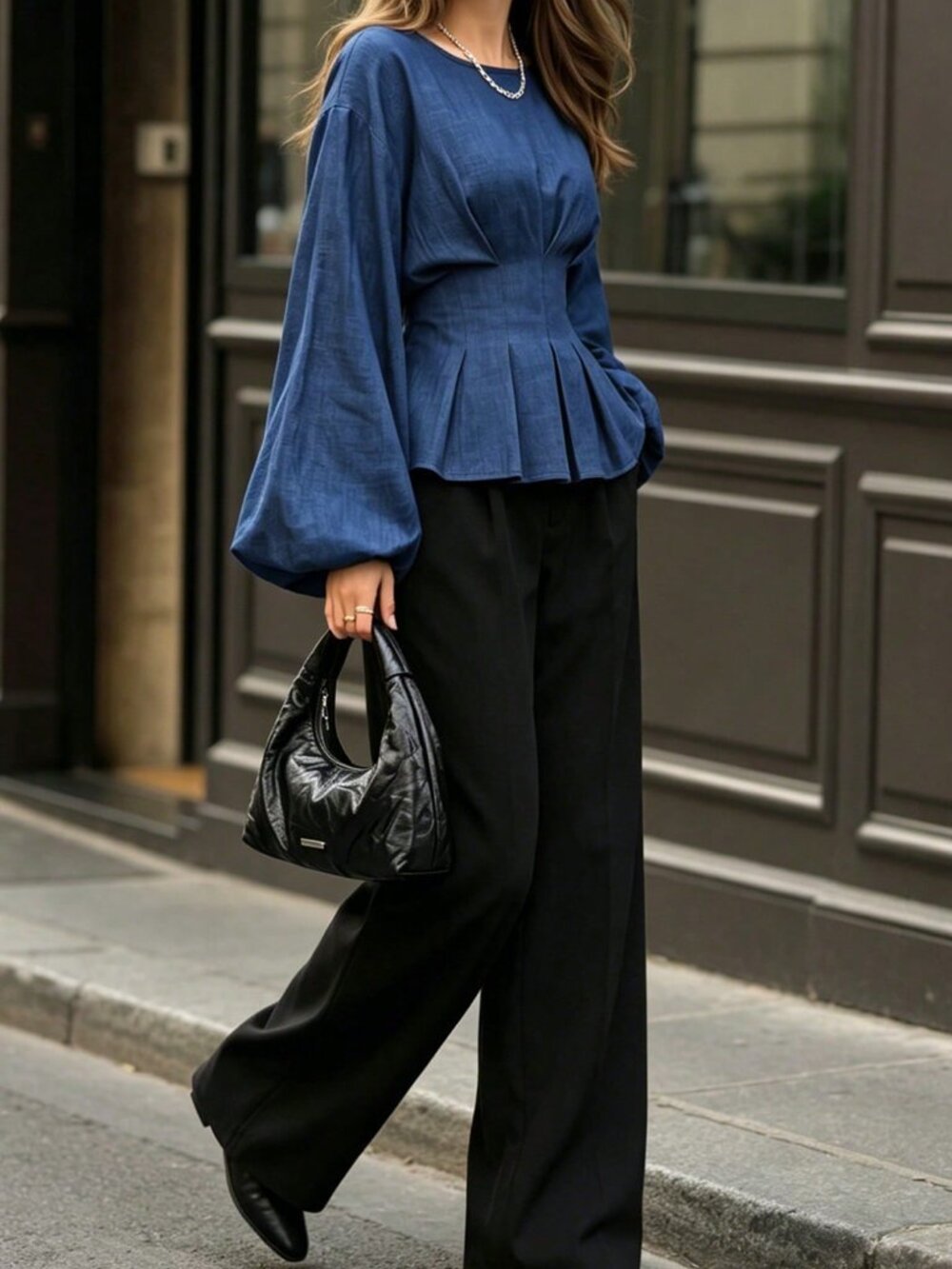 Navy Blue Elegant Women's Regular Fit Plain Long Sleeve Bishop Sleeve Zipper Top - Picture 5 of 8